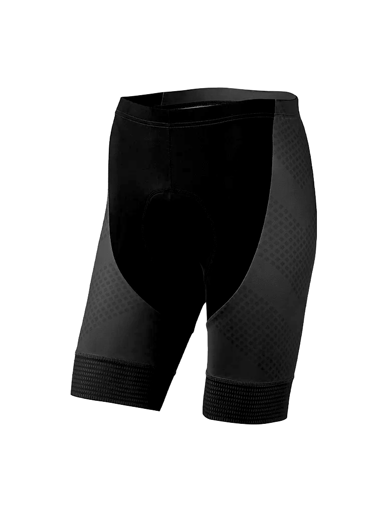 Front profile of the black Corsino SHARP Women's Cycling Shorts, showcasing the ergonomic fit, secure Lycra waistband, and breathable 210g fabric