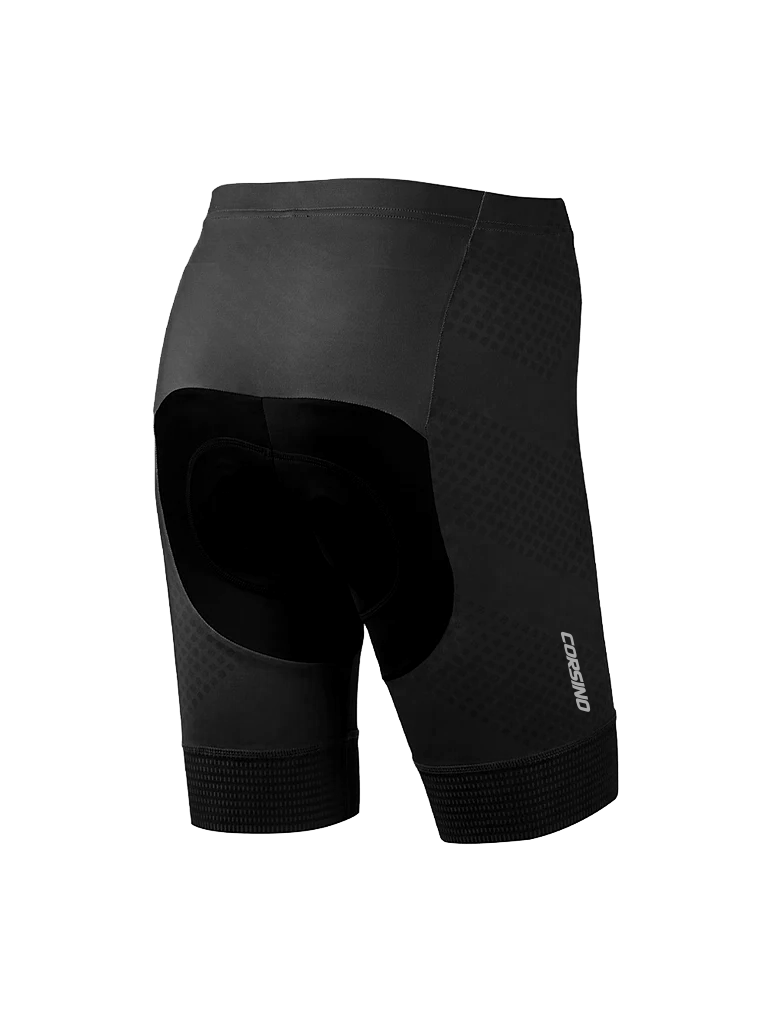 Back angle of the black Corsino SHARP Women's Cycling Shorts, highlighting the integrated women's specific Flight Pad, double Lycra leg cuffs, and the Corsino brand logo on the side panel