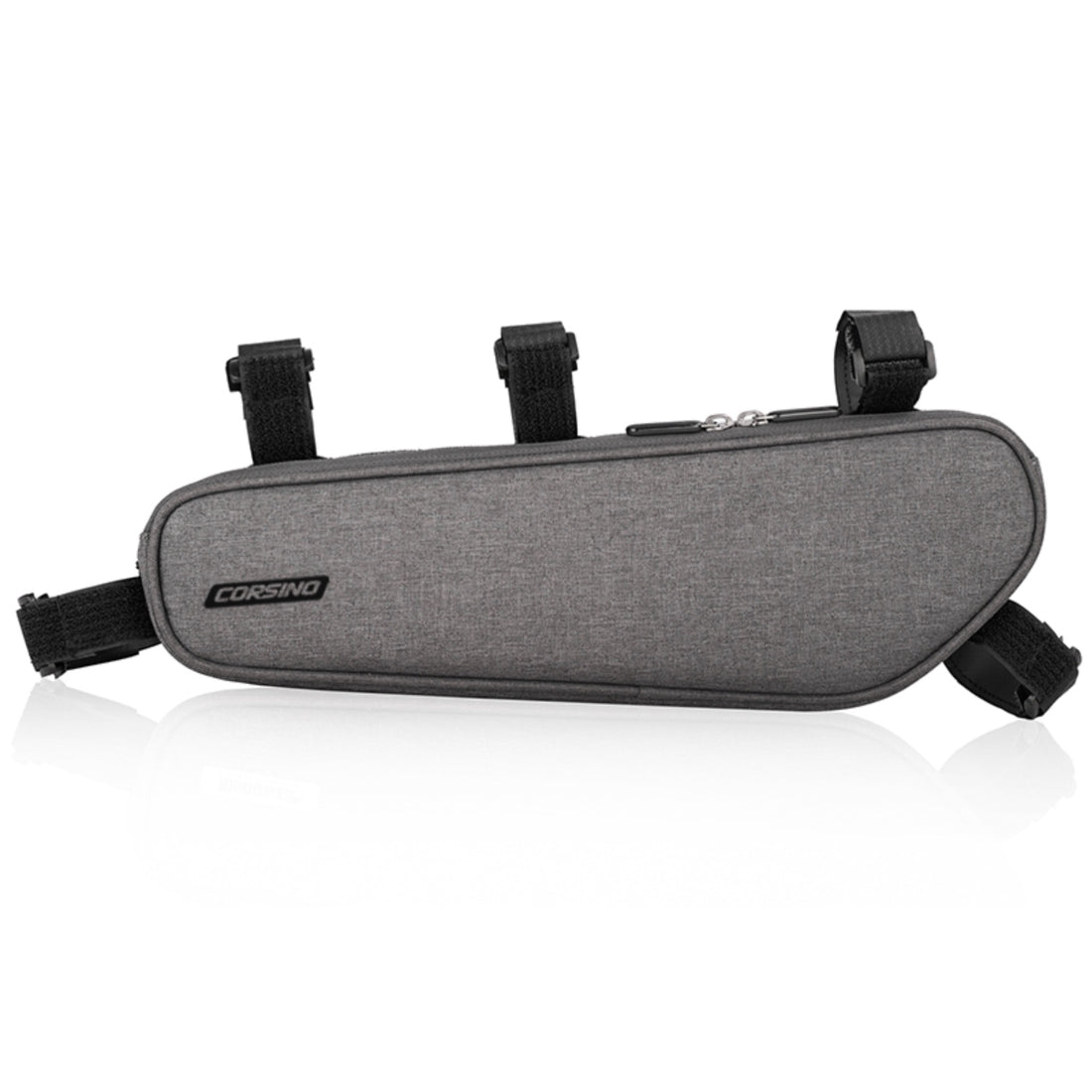 Side profile of the stylish grey Corsino Shortcut 2.5L bike frame bag, showcasing its contemporary aesthetic, reflective logo, and premium polyester construction for road or gravel bikes