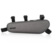 Side profile of the stylish grey Corsino Shortcut 2.5L bike frame bag, showcasing its contemporary aesthetic, reflective logo, and premium polyester construction for road or gravel bikes