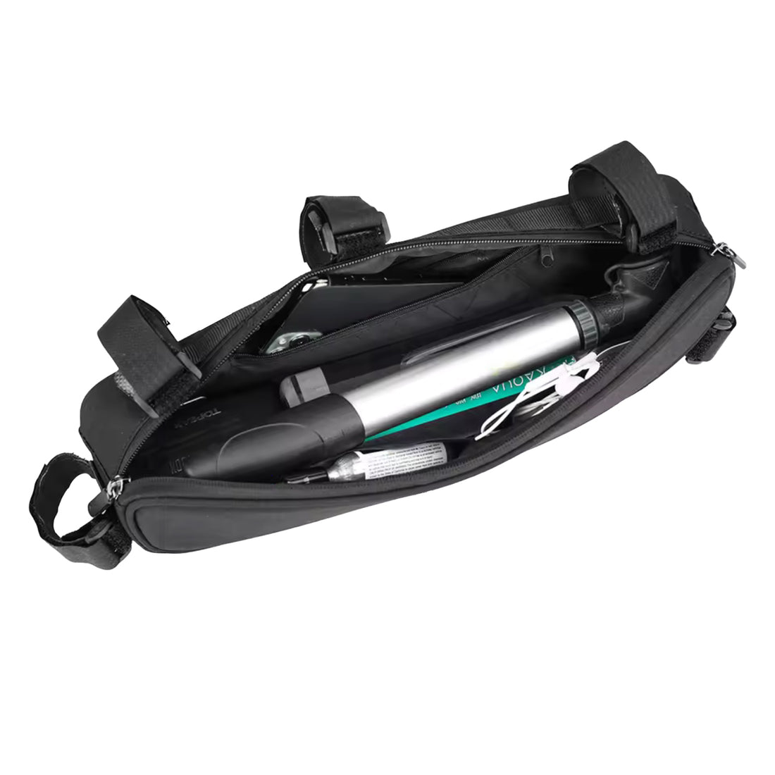 Open Corsino Shortcut 2.5L road bike storage bag revealing its highly organized interior, easily fitting a hand pump, CO2 cartridges, and phone within the inner zippered compartment and two side pockets