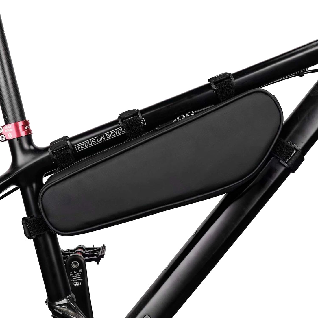 The Corsino Shortcut 2.5L frame bag securely mounted to a black bicycle frame using its versatile five adjustable Velcro straps, including an adjustable bottom strap for a perfect fit
