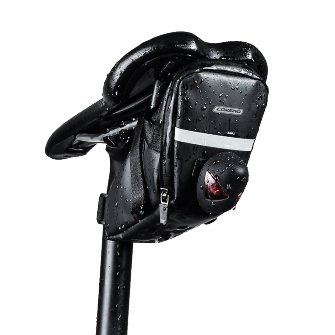 Extreme close-up demonstrating the absolute waterproof performance of the Corsino Transit saddle bag. Water instantly beads up and rolls off the rugged 600D TPU exterior, guaranteeing your sensitive electronics and steel tools stay completely bone-dry during heavy rainstorms.