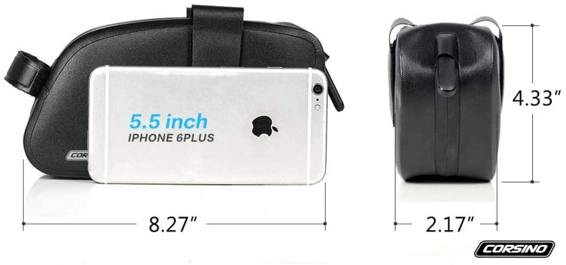 Size and dimension comparison of the Corsino Transit Waterproof Bike Saddle Bag placed next to an iPhone 6 Plus. Highlighting the ultra-compact, streamlined profile engineered to fit tucked away under your bicycle seat while providing enough room for essential flat-tire repair tools.