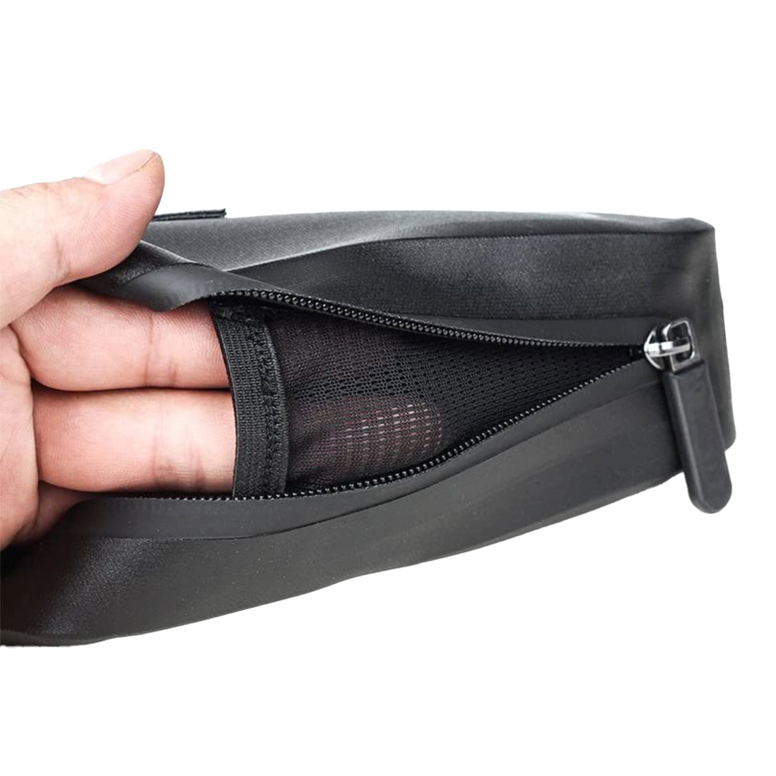 Detailed view of the internal storage and premium elements of the Corsino Transit Waterproof Bike Saddle Bag. Highlighting the robust 600D TPU material, heat-sealed seams, an integrated mesh net pocket, and a heavy-duty interior Velcro strap designed for rattle-free tool organization