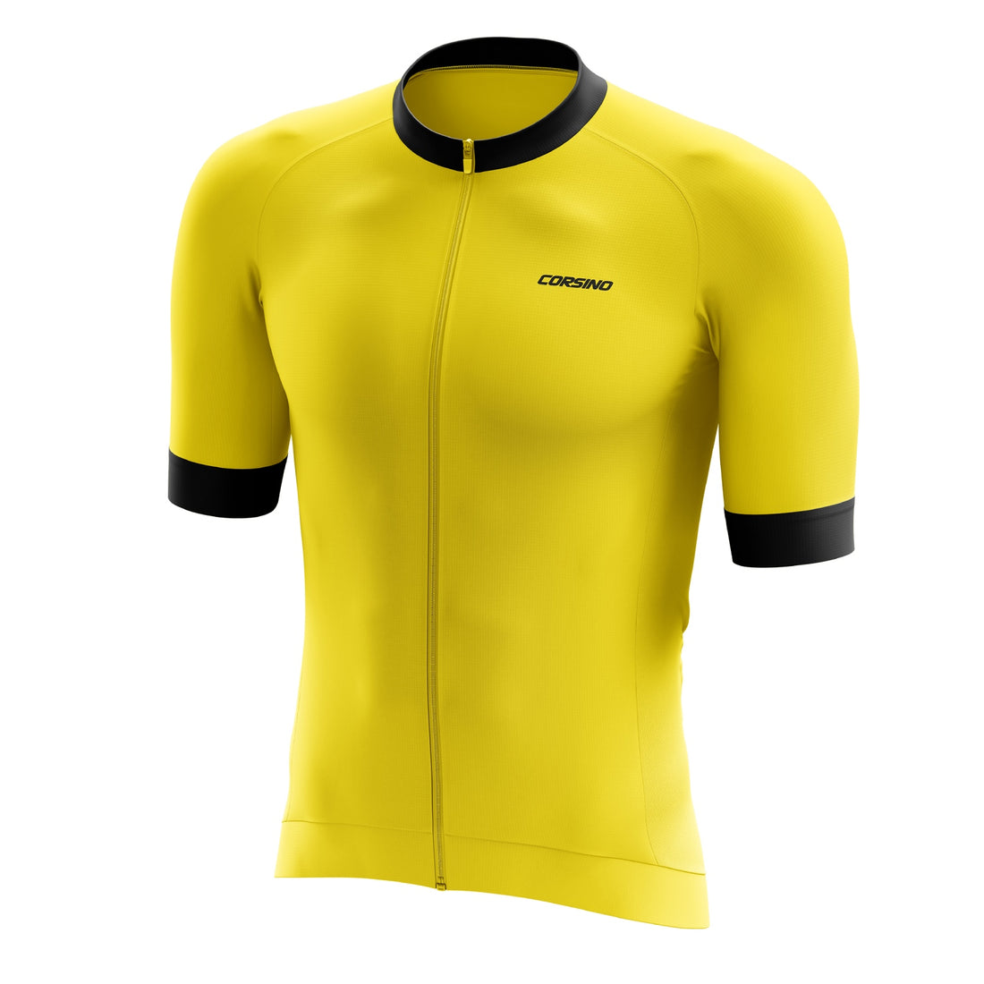 Front view of the vibrant yellow Corsino Tremblant Men's Jersey, showcasing the ergonomic fit and carbon fabrics engineered for advanced body thermoregulation