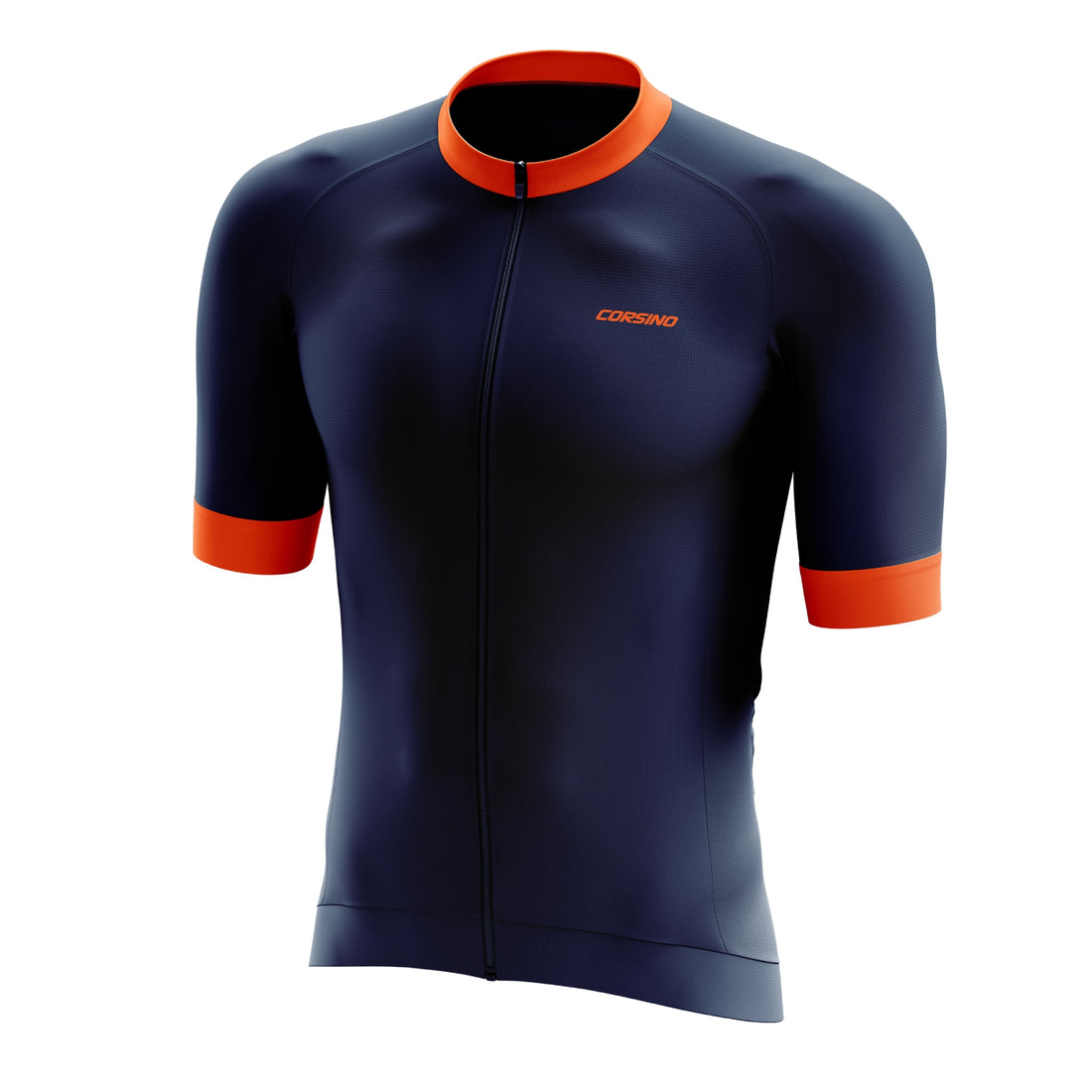 Front profile of the navy blue Corsino Tremblant Men's Short Sleeve Jersey, highlighting the full-length covered zipper and breathable Forma fabric body