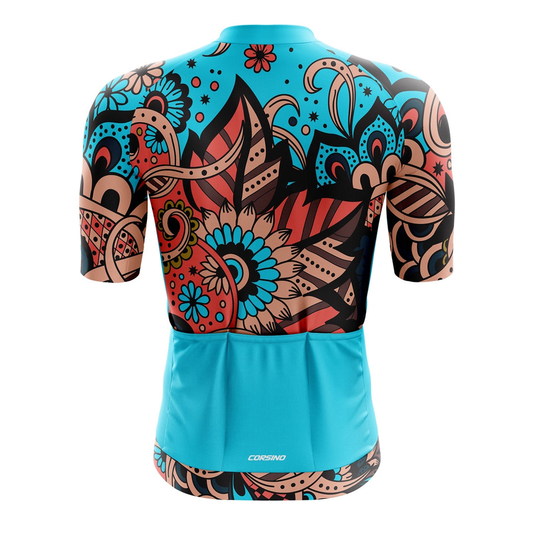 Rear view of the teal blue Tribal jersey showing three storage pockets, one secure zip pocket, and reflective bands to enhance safety for high-visibility road cycling