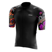 Front view of the black and purple Tribal men's jersey, utilizing carbon fabrics to protect against electrostatic charges while providing superior comfort on long summer rides