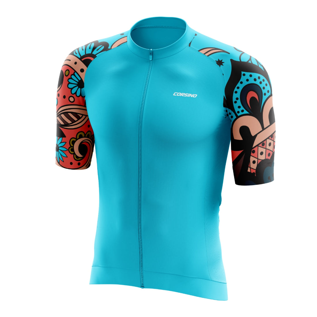 Front profile of the teal blue Corsino Tribal Men's Jersey in a race fit, featuring breathable Forma fabric and carbon fibers to improve body thermoregulation during intense rides
