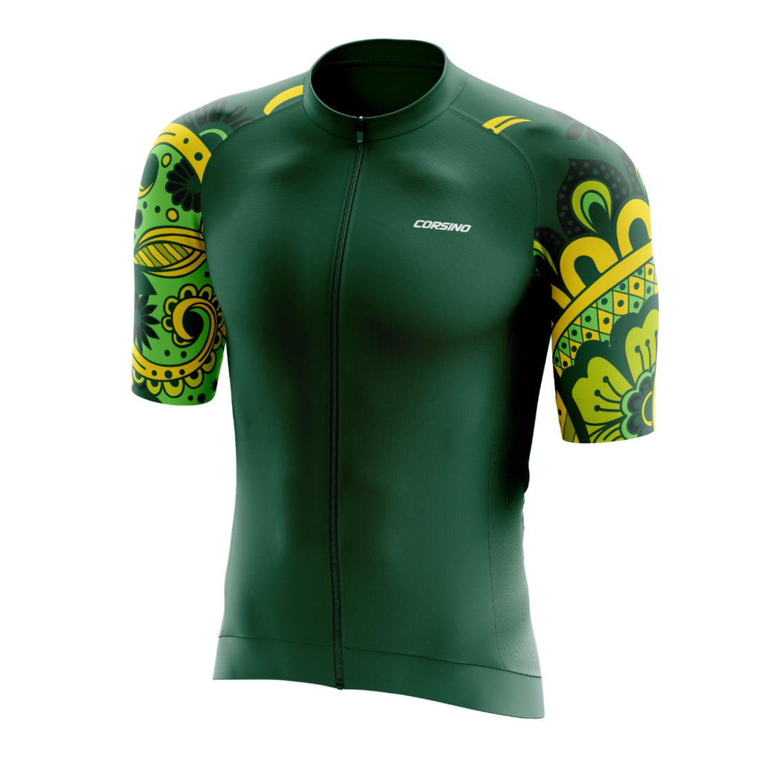 A dark green variant of the Corsino Tribal Men's Cycling Top, designed with compression side panels and Giro cut sleeves for a perfect anatomic performance fit