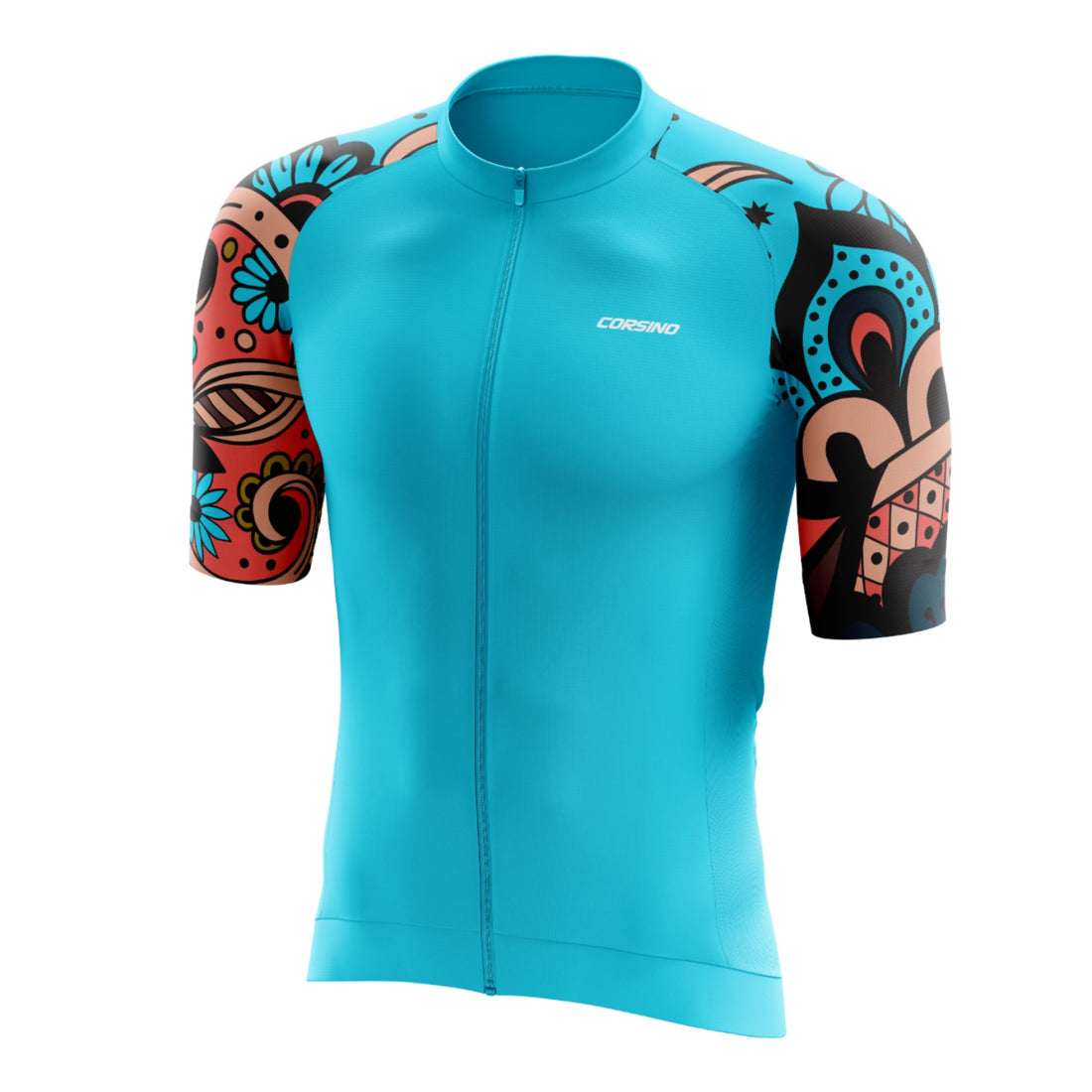 The teal blue Corsino Tribal Women's Aero Jersey, showcasing the longer pro sleeve length and aerodynamic race fit for competitive cycling