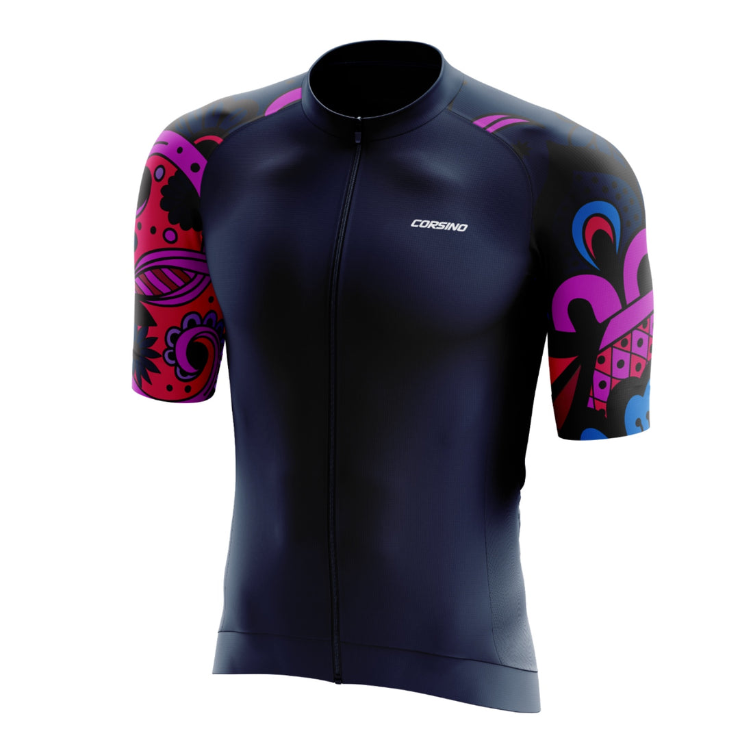 Front profile of the navy blue Corsino Tribal Women's Jersey in a race fit, featuring breathable Forma fabric and carbon fibers to improve body thermoregulation during intense rides
