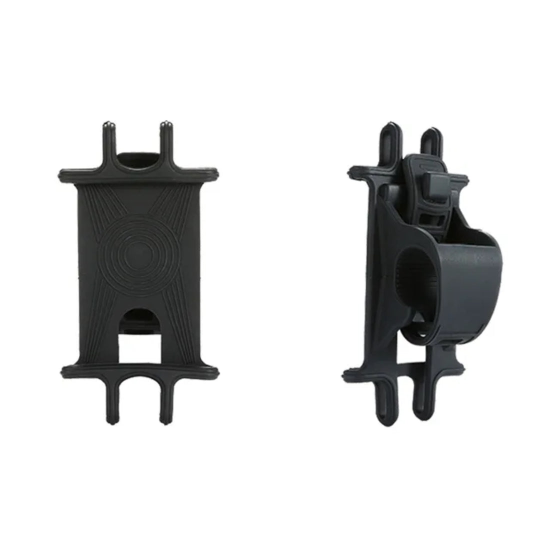 Back and side profile of the Corsino Universal Phone Mount highlighting the quick-release silicone strap for fast, tool-free handlebar installation