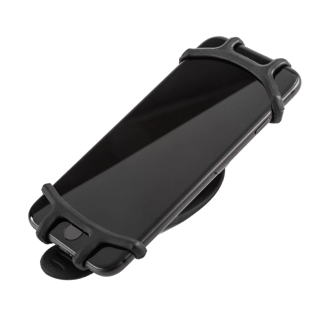Black Corsino Universal Silicone Bike Phone Mount securely holding a smartphone, demonstrating its flexible, shock-absorbing design for safe navigation