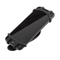 Black Corsino Universal Silicone Bike Phone Mount securely holding a smartphone, demonstrating its flexible, shock-absorbing design for safe navigation