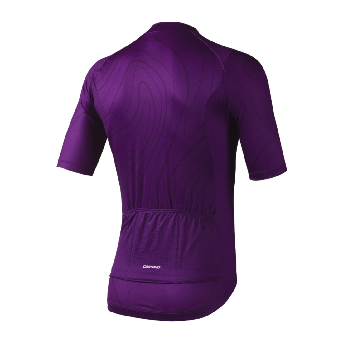 Back profile of the purple comfort fit cycling jersey, showing the three rear pockets and internal waist band structure designed to keep its position at all times