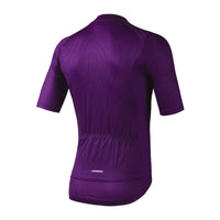 Back profile of the purple comfort fit cycling jersey, showing the three rear pockets and internal waist band structure designed to keep its position at all times