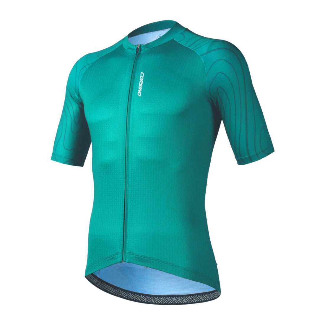 Front profile of the teal Corsino Venice Women's Jersey with Quick Dry fabric and full covered zipper to ensure ultimate comfort during road bike rides