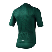 Rear view of the green Venice cycling top highlighting the three rear bag pockets, reflective bands for safety, and an internal waist band with a silicone gripper