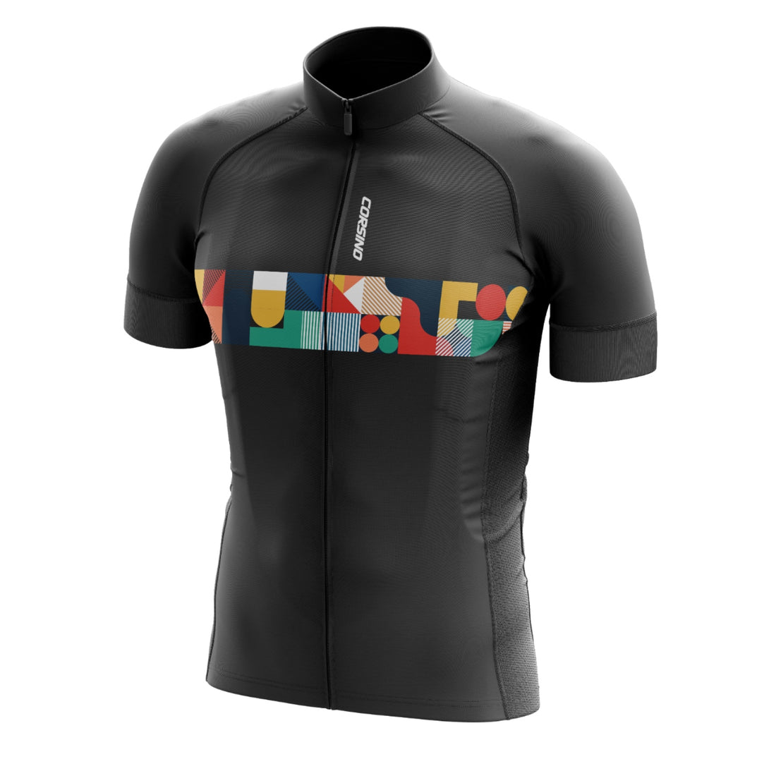 The black Corsino Venti Men's Jersey with specialized compression bands on the arms created to minimize aerodynamic resistance during training.