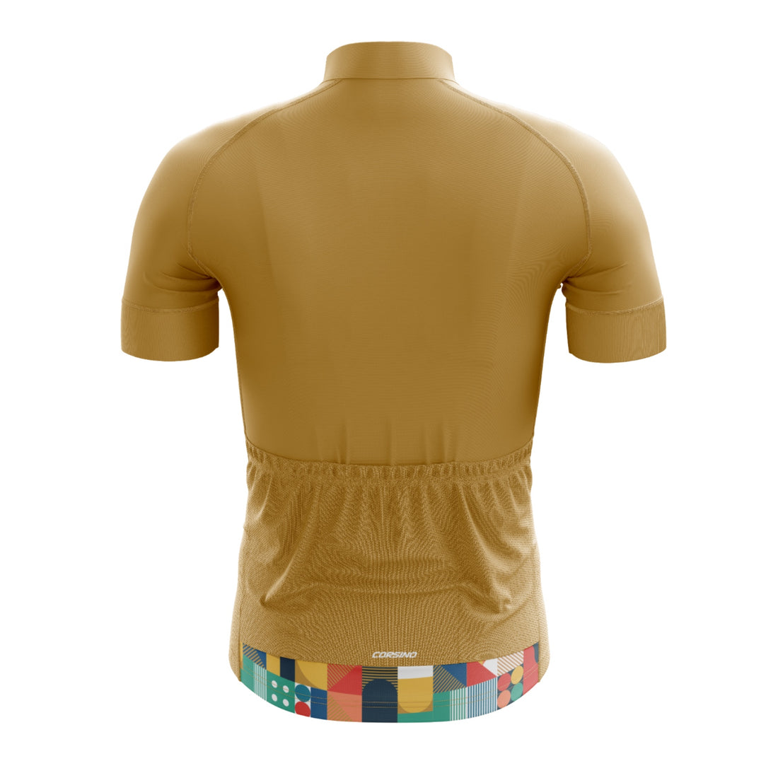 Rear view of the tan Venti Men's Jersey showing 3 rear bag pockets, 1 zip pocket, and reflective bands designed to minimize aerodynamic resistance
