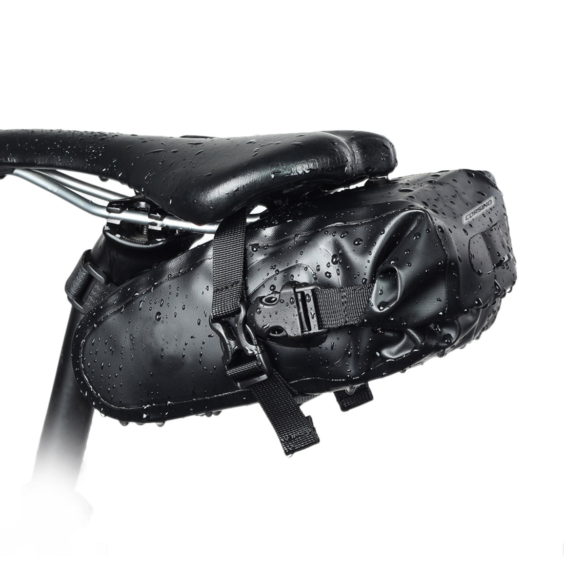 Seat Pack in black, made of waterproof 600D Double PVC. Dimensions: 34x9x9.5cm, weight: 200g. Features full waterproof seamless welding.