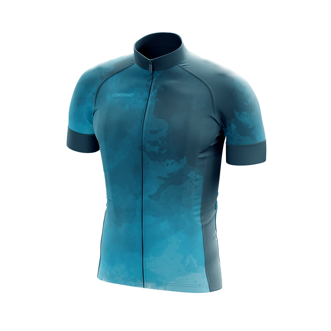 Front view of the blue Corsino Cloud Women's Short Sleeve Jersey in a comfort fit, showcasing the Technica Coolway fabric and full covered zipper designed to follow body shapes like a second skin