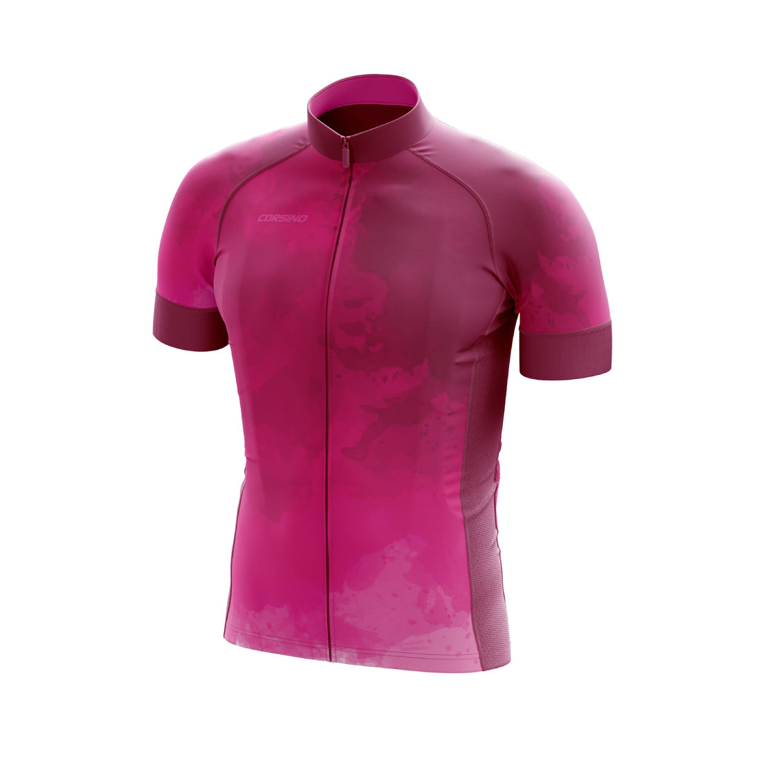 Front profile of the pink Corsino Cloud Women's Jersey showing the comfort fit body design and 4cm compression cuffs on sleeve ends built to minimize aerodynamic resistance