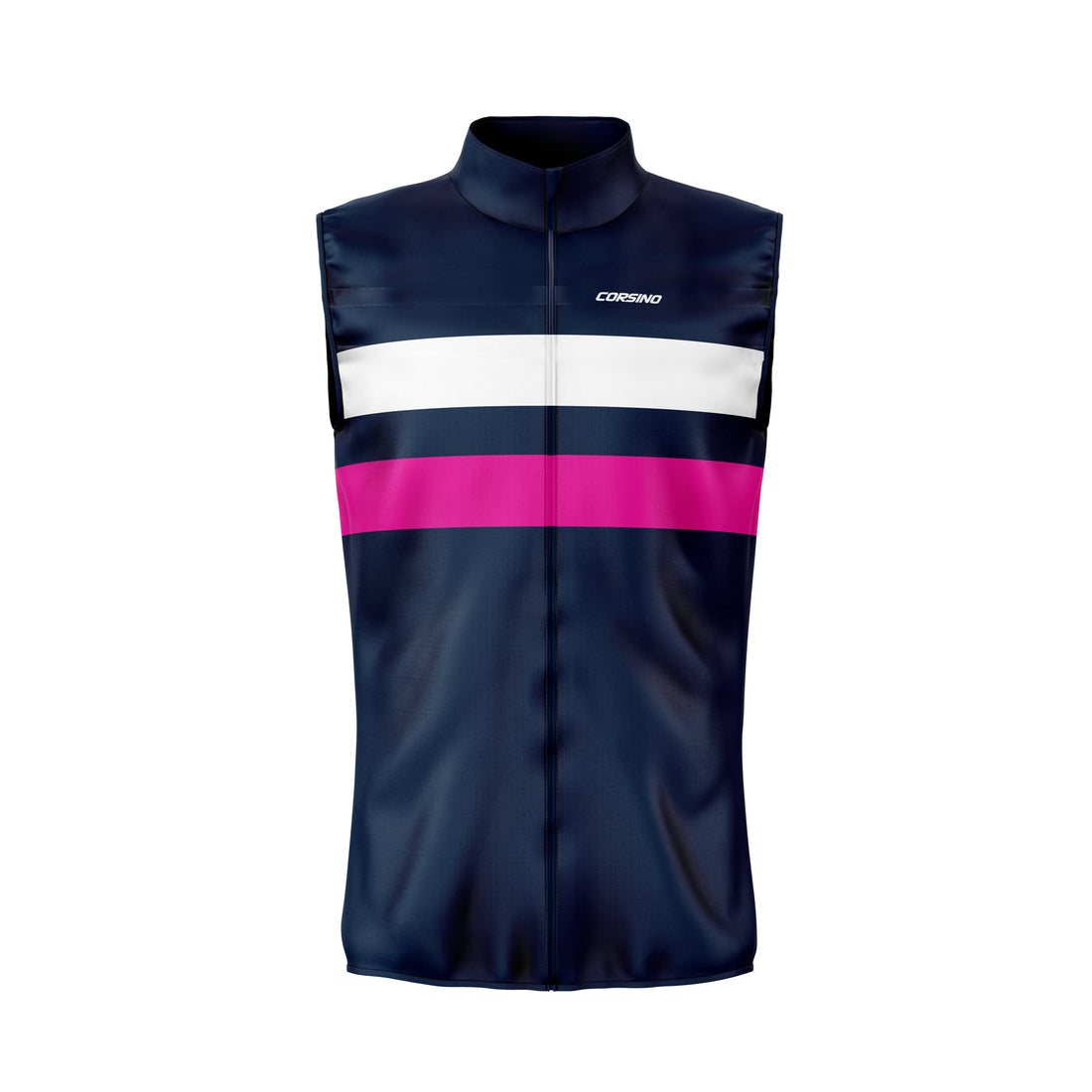 Front view of the dark navy and pink Corsino Elie sleeveless cycling top. The aerodynamic comfort fit contours perfectly to the female body, delivering unparalleled core cooling and unrestricted shoulder mobility for peak endurance performance.