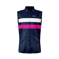 Front view of the dark navy and pink Corsino Elie sleeveless cycling top. The aerodynamic comfort fit contours perfectly to the female body, delivering unparalleled core cooling and unrestricted shoulder mobility for peak endurance performance.